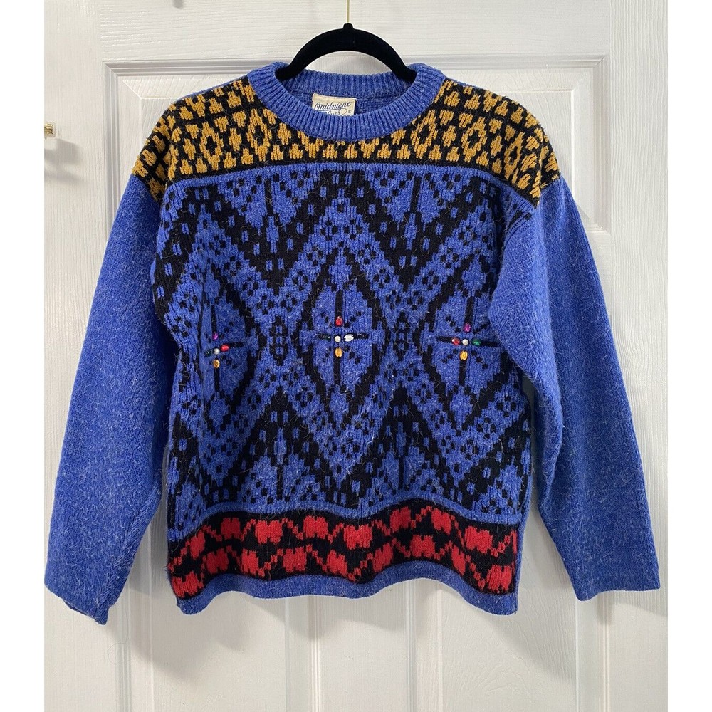 Vintage Midnight Blues Women’s Blue Patterned Fuzzy Knit Jeweled Sweater Sz S